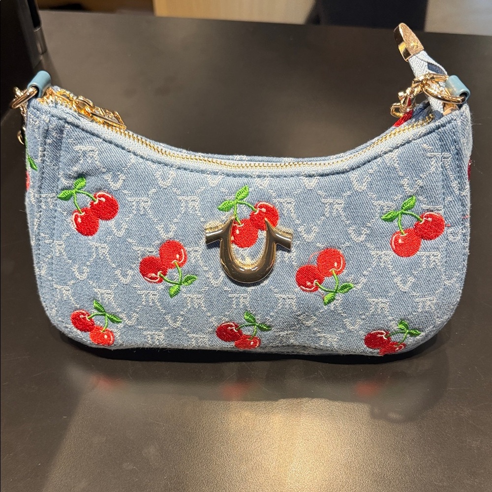 True Religion Light Blue Denim Mini Shoulder Bag with Red Cherry Embroidery